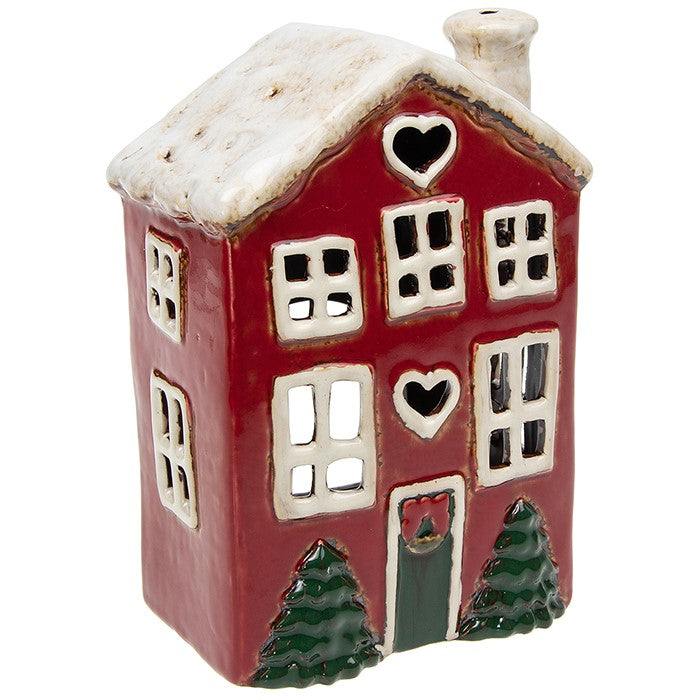 Christmas Red Heart & Tree House | Village Pottery Tealight Holder