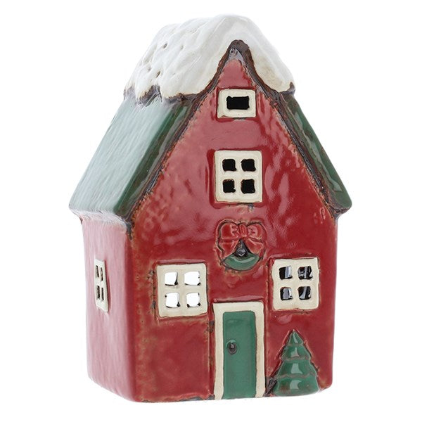 Christmas Red Snowy Tall House | Village Pottery Tealight Holder