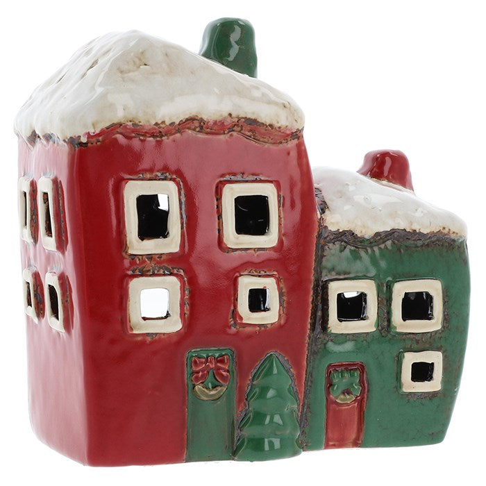 Christmas Red & Green 2 House | Village Pottery Tealight Holder